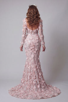 Sparkly Blush Mermaid Long Sleeves Long Beaded Floral Formal Dress