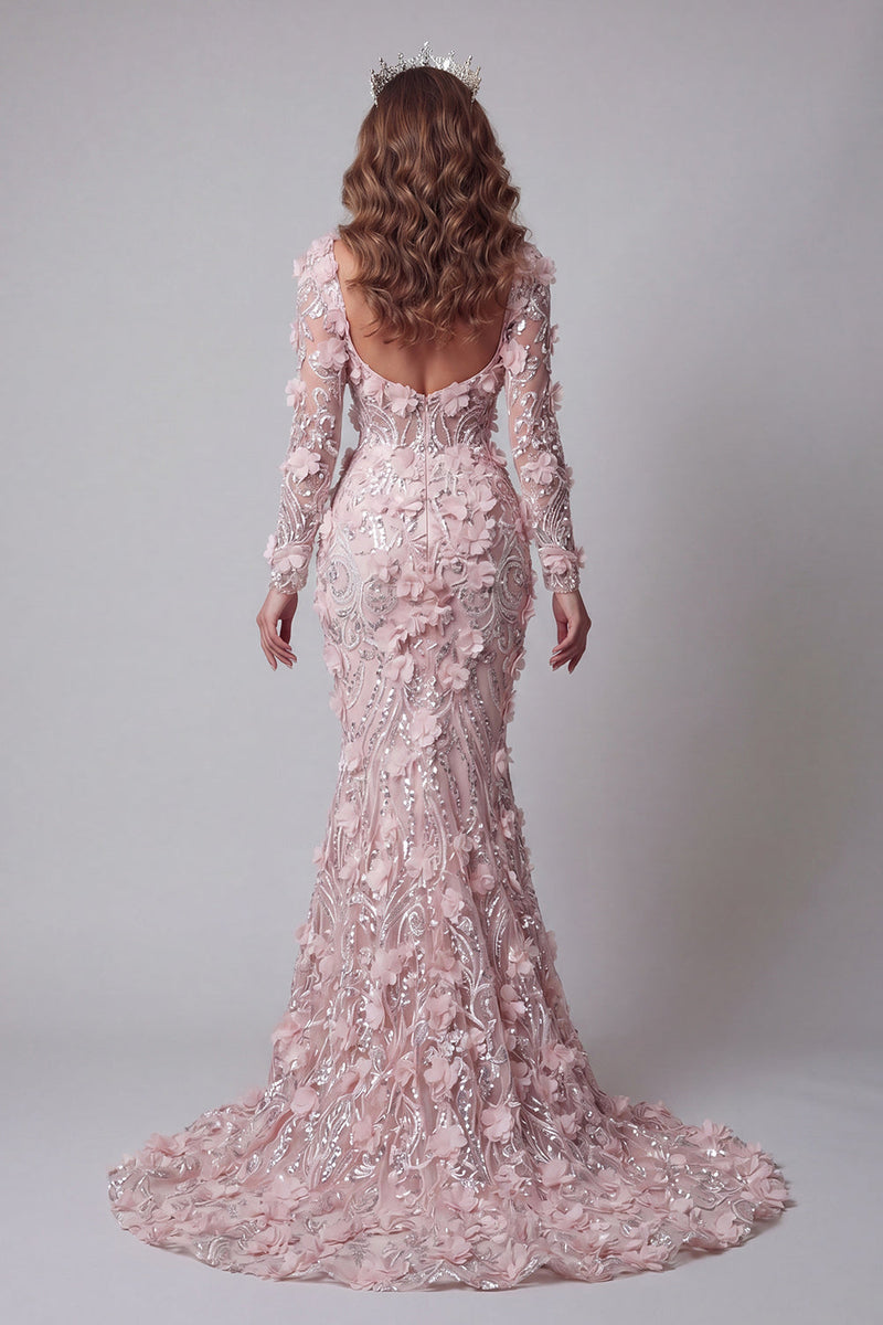 Load image into Gallery viewer, Sparkly Blush Mermaid Long Sleeves Long Beaded Floral Formal Dress