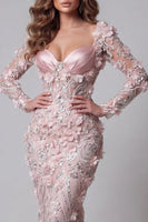 Load image into Gallery viewer, Sparkly Blush Mermaid Long Sleeves Long Beaded Floral Formal Dress