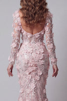 Load image into Gallery viewer, Sparkly Blush Mermaid Long Sleeves Long Beaded Floral Formal Dress