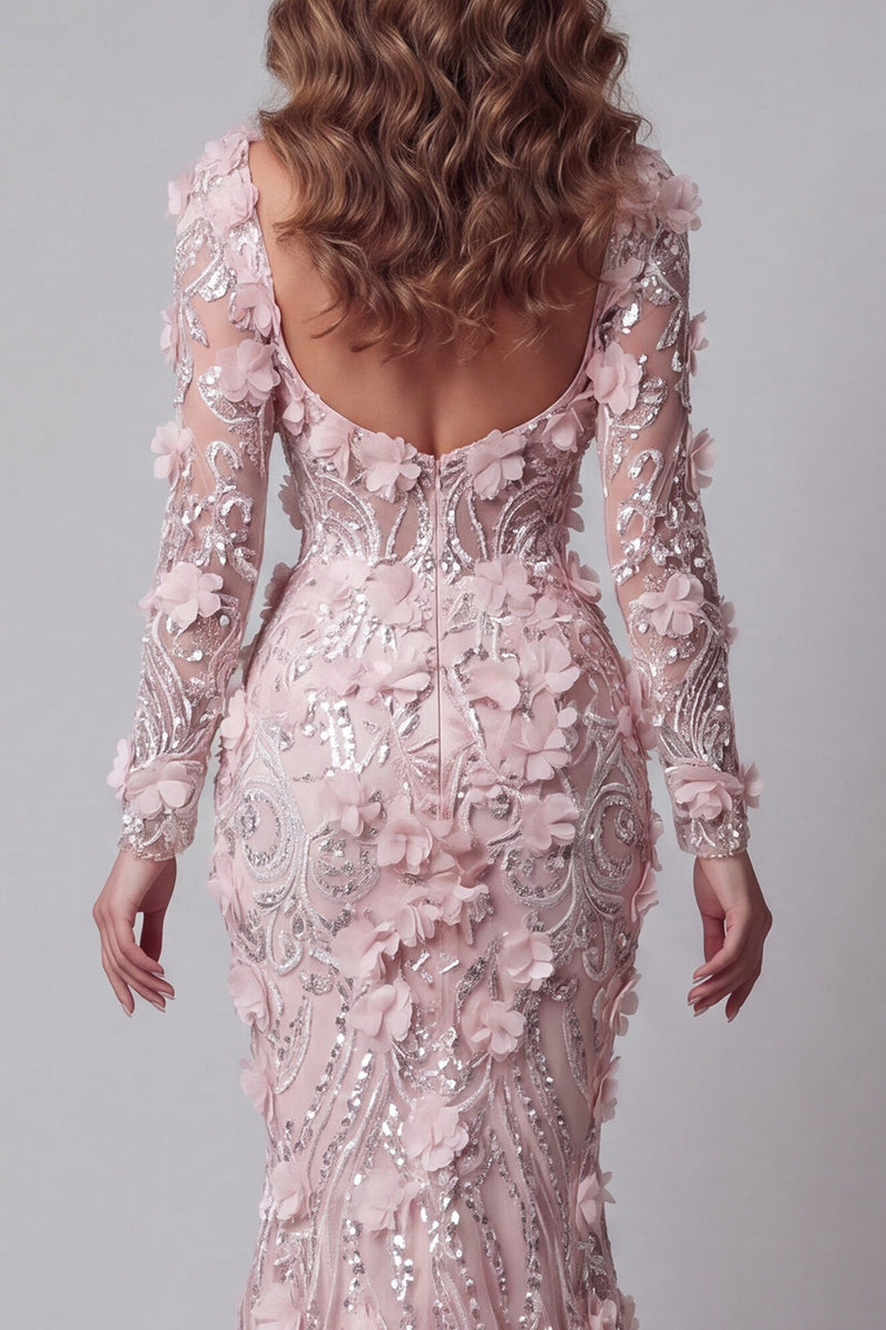 Load image into Gallery viewer, Sparkly Blush Mermaid Long Sleeves Long Beaded Floral Formal Dress