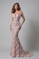 Load image into Gallery viewer, Sparkly Blush Cold Shoulder Mermaid Long Beaded Floral Formal Dress