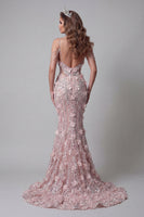 Load image into Gallery viewer, Sparkly Blush Cold Shoulder Mermaid Long Beaded Floral Formal Dress