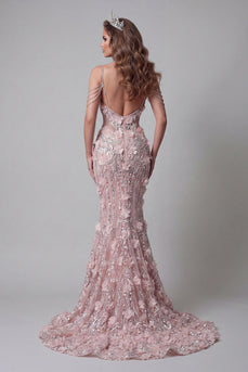 Sparkly Blush Cold Shoulder Mermaid Long Beaded Floral Formal Dress