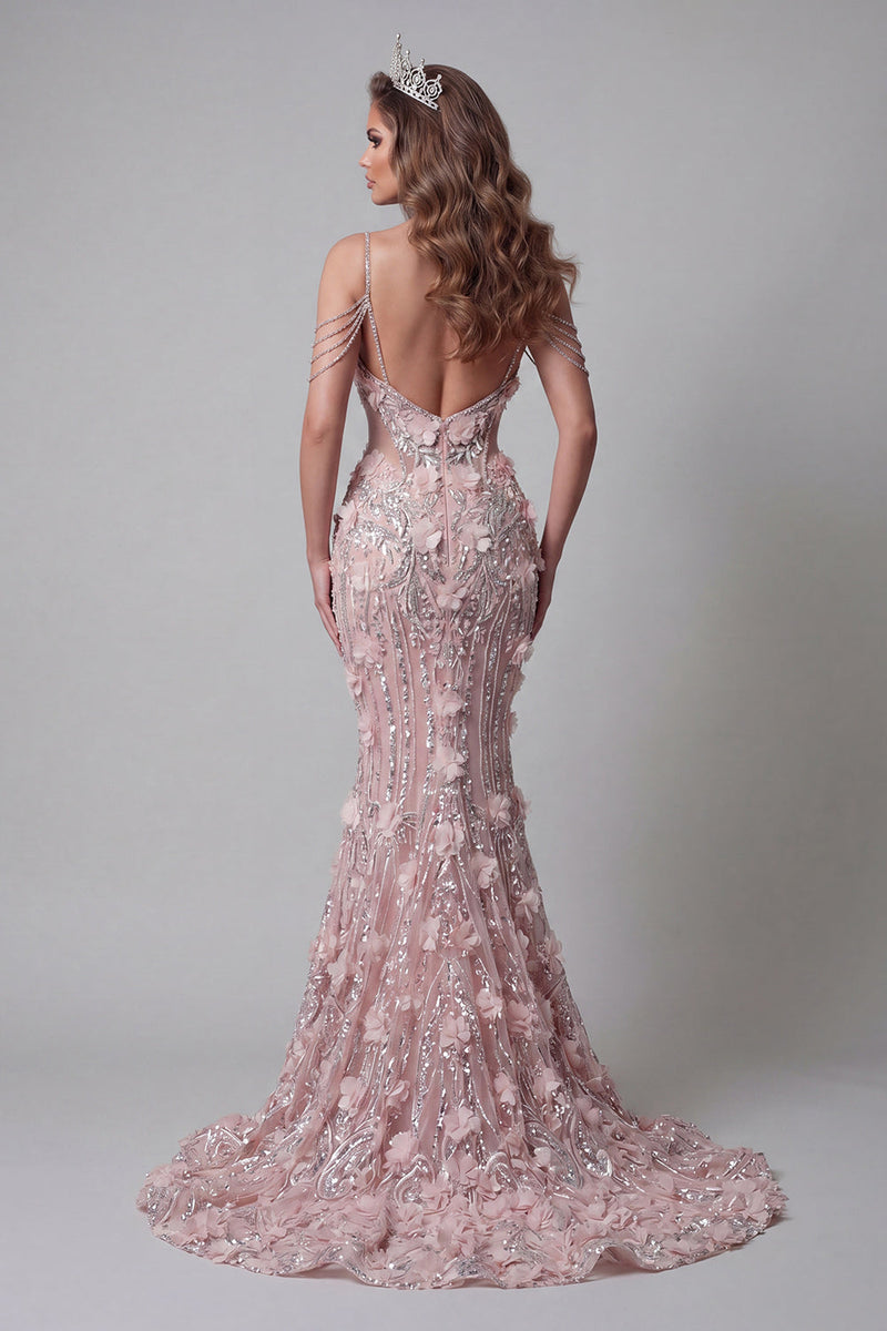 Load image into Gallery viewer, Sparkly Blush Cold Shoulder Mermaid Long Beaded Floral Formal Dress