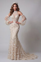 Load image into Gallery viewer, Sparkly Apricot Mermaid Long Sleeves High Neck Beaded Long Floral Formal Dress
