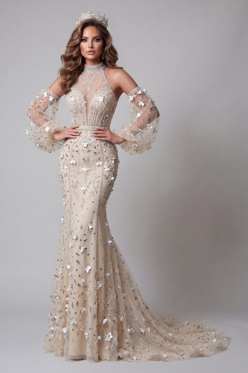 Load image into Gallery viewer, Sparkly Apricot Mermaid Long Sleeves High Neck Beaded Long Floral Formal Dress