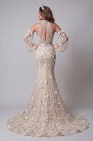 Load image into Gallery viewer, Sparkly Apricot Mermaid Long Sleeves High Neck Beaded Long Floral Formal Dress