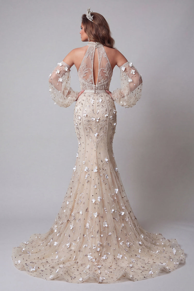 Load image into Gallery viewer, Sparkly Apricot Mermaid Long Sleeves High Neck Beaded Long Floral Formal Dress