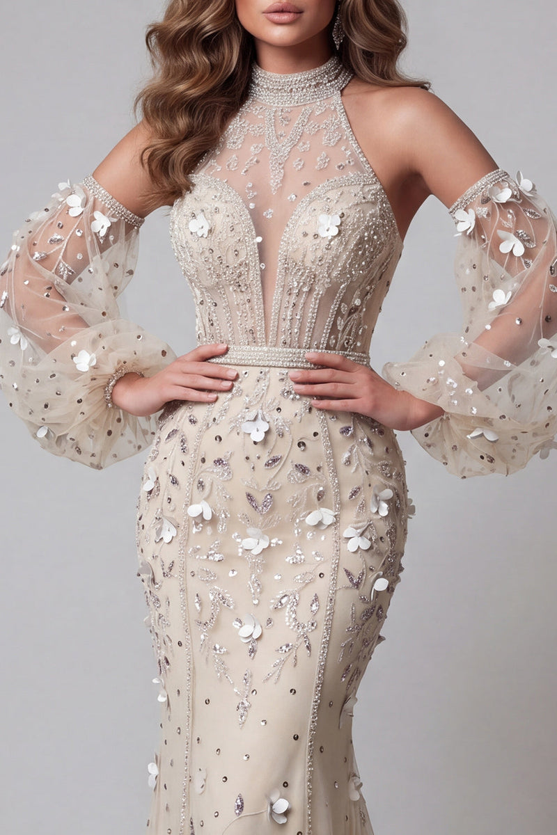 Load image into Gallery viewer, Sparkly Apricot Mermaid Long Sleeves High Neck Beaded Long Floral Formal Dress