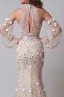 Load image into Gallery viewer, Sparkly Apricot Mermaid Long Sleeves High Neck Beaded Long Floral Formal Dress