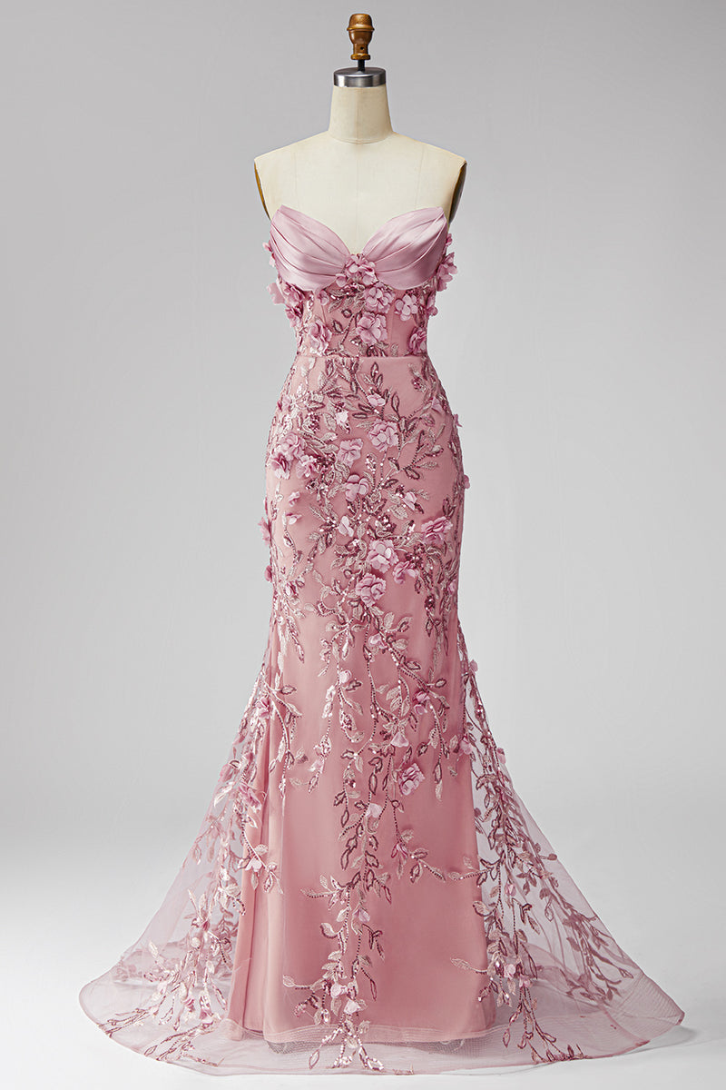 Load image into Gallery viewer, Sparkly Blush Corset Mermaid Beaded Long Floral Formal Dress