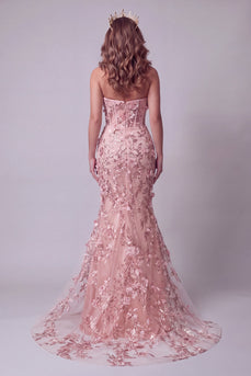 Sparkly Blush Corset Mermaid Beaded Long Floral Formal Dress