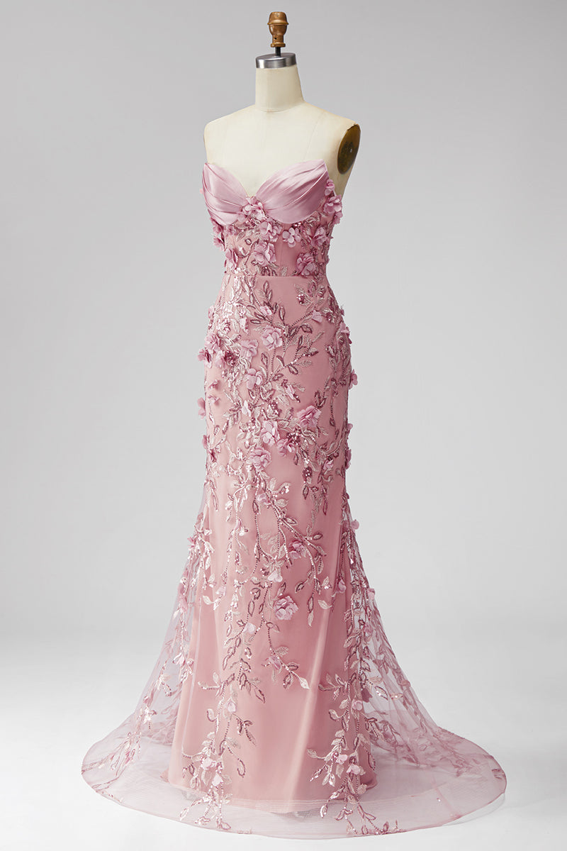 Load image into Gallery viewer, Sparkly Blush Corset Mermaid Beaded Long Floral Formal Dress