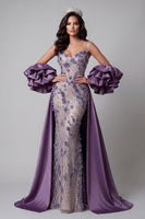 Load image into Gallery viewer, Sparkly Purple Mermaid Spaghetti Straps Long Floral Beaded Formal Dress
