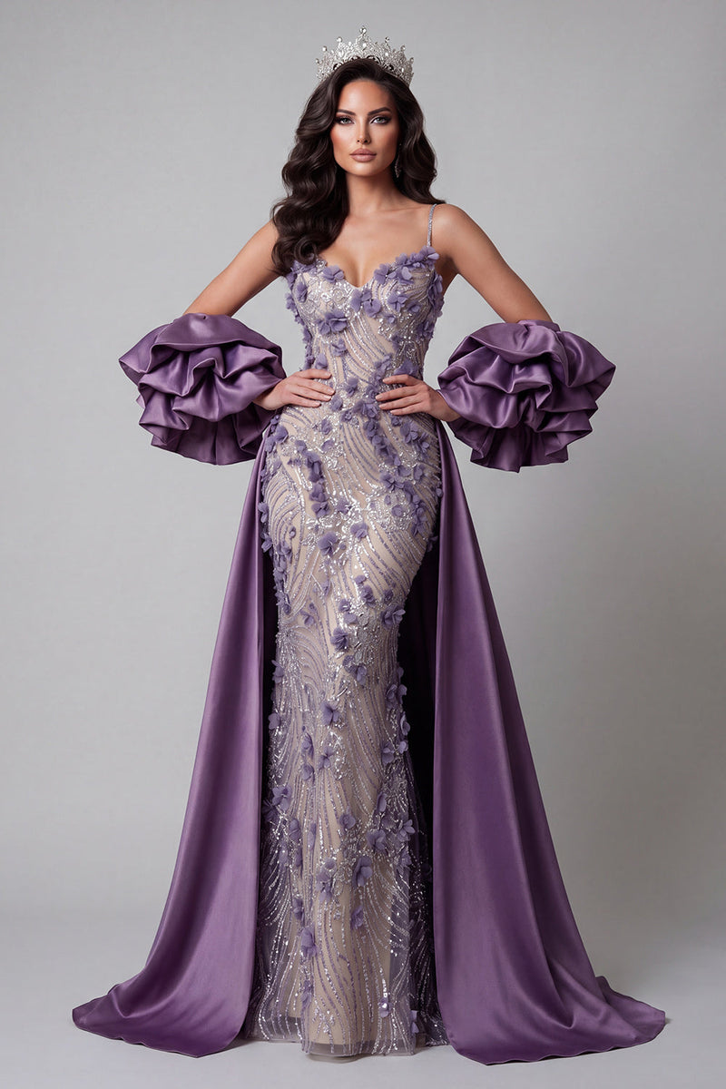 Load image into Gallery viewer, Sparkly Purple Mermaid Spaghetti Straps Long Floral Beaded Formal Dress