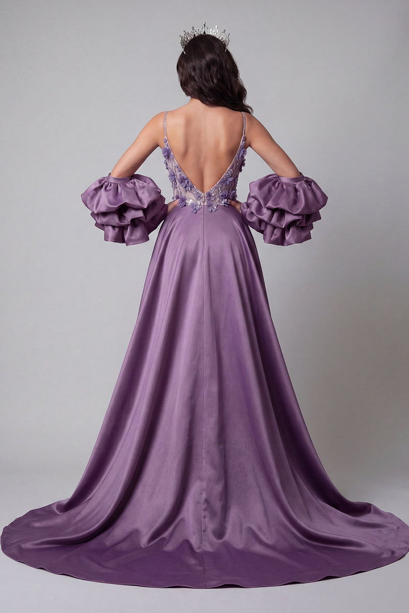 Load image into Gallery viewer, Sparkly Purple Mermaid Spaghetti Straps Long Floral Beaded Formal Dress