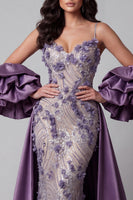 Load image into Gallery viewer, Sparkly Purple Mermaid Spaghetti Straps Long Floral Beaded Formal Dress