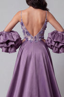 Load image into Gallery viewer, Sparkly Purple Mermaid Spaghetti Straps Long Floral Beaded Formal Dress
