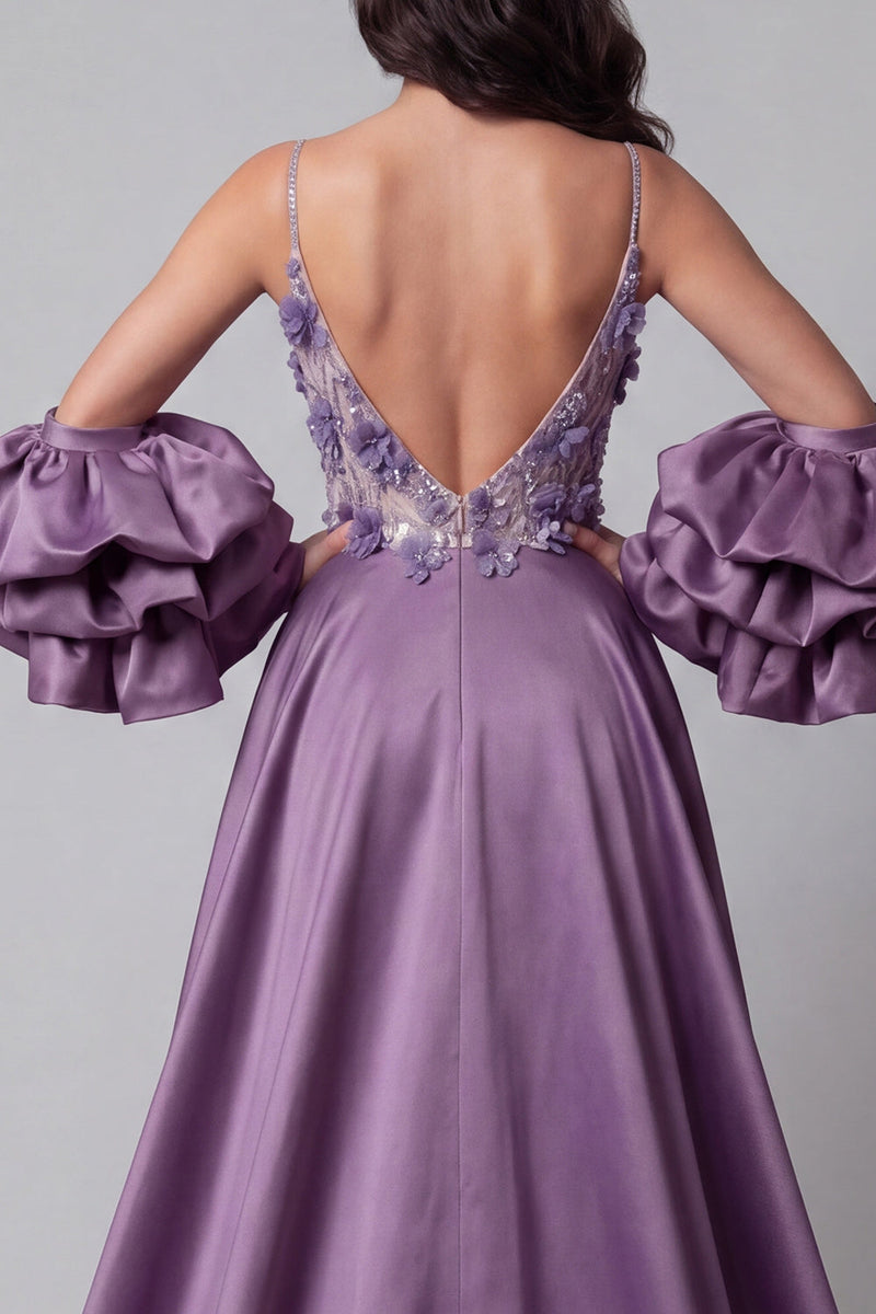 Load image into Gallery viewer, Sparkly Purple Mermaid Spaghetti Straps Long Floral Beaded Formal Dress