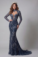 Load image into Gallery viewer, Sparkly Navy Open Back High Neck Mermaid Long Beaded Formal Dress