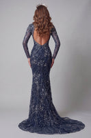 Load image into Gallery viewer, Sparkly Navy Open Back High Neck Mermaid Long Beaded Formal Dress