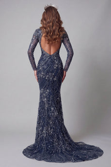 Sparkly Navy Open Back High Neck Mermaid Long Beaded Formal Dress