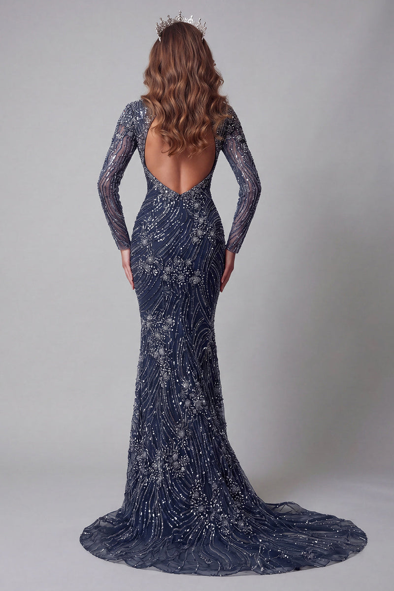 Load image into Gallery viewer, Sparkly Navy Open Back High Neck Mermaid Long Beaded Formal Dress