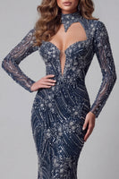 Load image into Gallery viewer, Sparkly Navy Open Back High Neck Mermaid Long Beaded Formal Dress