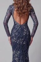 Load image into Gallery viewer, Sparkly Navy Open Back High Neck Mermaid Long Beaded Formal Dress