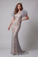 Load image into Gallery viewer, Sparkly Silver Mermaid One Shoulder Long Beaded Formal Dress with 3D Flowers