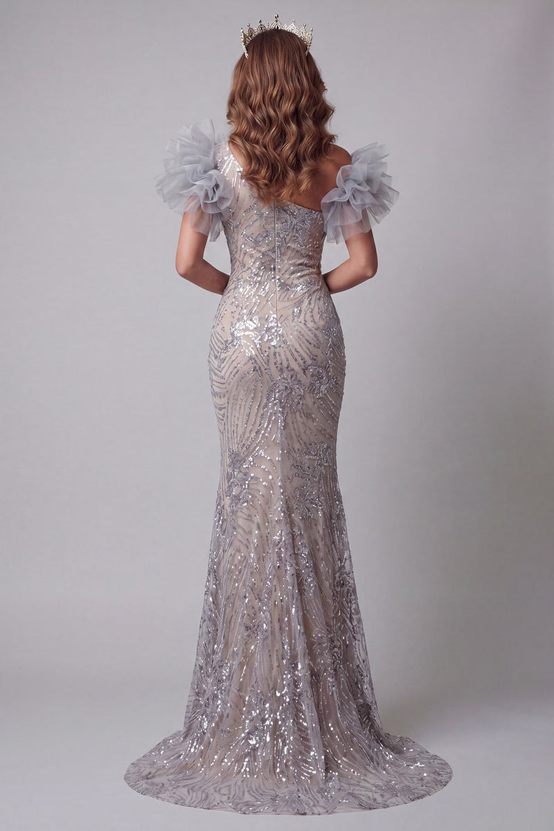Load image into Gallery viewer, Sparkly Silver Mermaid One Shoulder Long Beaded Formal Dress with 3D Flowers