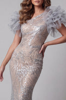 Load image into Gallery viewer, Sparkly Silver Mermaid One Shoulder Long Beaded Formal Dress with 3D Flowers