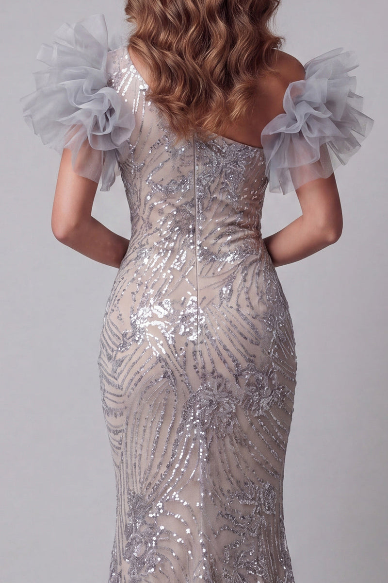 Load image into Gallery viewer, Sparkly Silver Mermaid One Shoulder Long Beaded Formal Dress with 3D Flowers