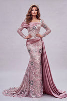 Load image into Gallery viewer, Sparkly Pink Mermaid Long Sleeves Beaded Floral Long Formal Dress with Side Cape