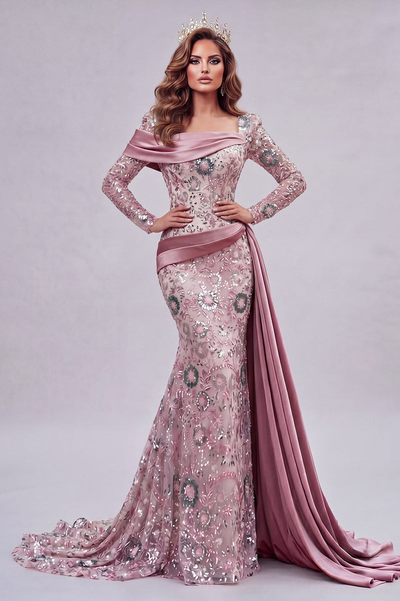 Load image into Gallery viewer, Sparkly Pink Mermaid Long Sleeves Beaded Floral Long Formal Dress with Side Cape