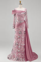 Load image into Gallery viewer, Sparkly Pink Mermaid Long Sleeves Beaded Floral Long Formal Dress with Side Cape