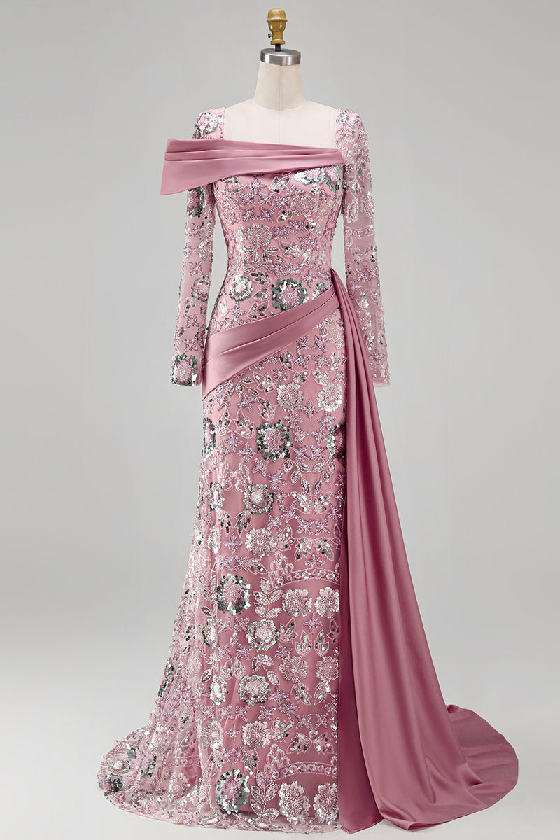 Load image into Gallery viewer, Sparkly Pink Mermaid Long Sleeves Beaded Floral Long Formal Dress with Side Cape