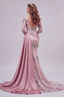 Load image into Gallery viewer, Sparkly Pink Mermaid Long Sleeves Beaded Floral Long Formal Dress with Side Cape