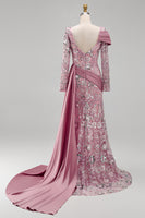 Load image into Gallery viewer, Sparkly Pink Mermaid Long Sleeves Beaded Floral Long Formal Dress with Side Cape