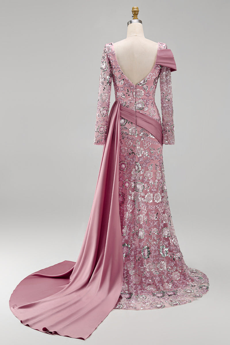 Load image into Gallery viewer, Sparkly Pink Mermaid Long Sleeves Beaded Floral Long Formal Dress with Side Cape