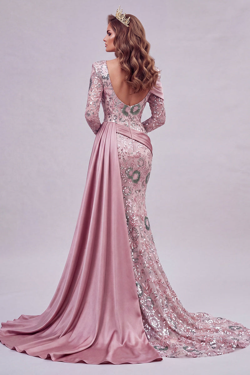 Load image into Gallery viewer, Sparkly Pink Mermaid Long Sleeves Beaded Floral Long Formal Dress with Side Cape