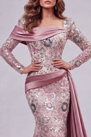 Load image into Gallery viewer, Sparkly Pink Mermaid Long Sleeves Beaded Floral Long Formal Dress with Side Cape