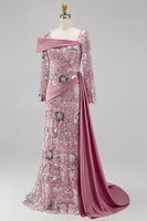 Load image into Gallery viewer, Sparkly Pink Mermaid Long Sleeves Beaded Floral Long Formal Dress with Side Cape