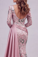 Load image into Gallery viewer, Sparkly Pink Mermaid Long Sleeves Beaded Floral Long Formal Dress with Side Cape