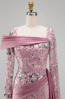 Load image into Gallery viewer, Sparkly Pink Mermaid Long Sleeves Beaded Floral Long Formal Dress with Side Cape
