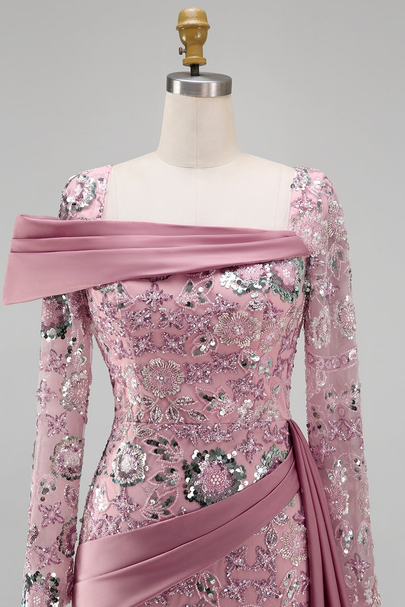 Load image into Gallery viewer, Sparkly Pink Mermaid Long Sleeves Beaded Floral Long Formal Dress with Side Cape