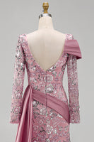 Load image into Gallery viewer, Sparkly Pink Mermaid Long Sleeves Beaded Floral Long Formal Dress with Side Cape