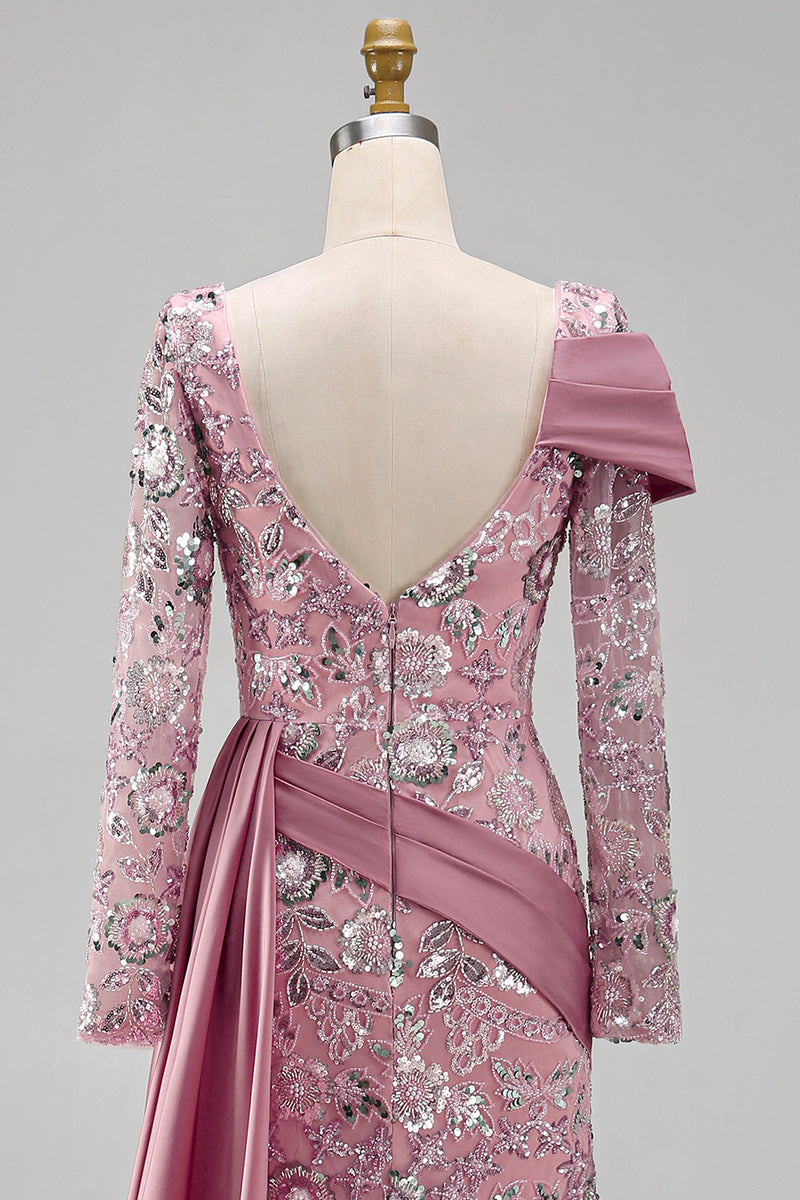 Load image into Gallery viewer, Sparkly Pink Mermaid Long Sleeves Beaded Floral Long Formal Dress with Side Cape