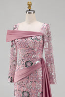 Load image into Gallery viewer, Sparkly Pink Mermaid Long Sleeves Beaded Floral Long Formal Dress with Side Cape